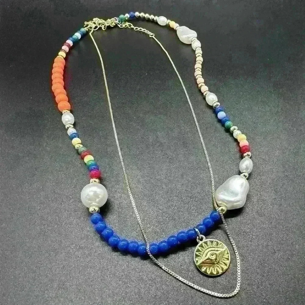 Layered bead and gold charm necklace 💗